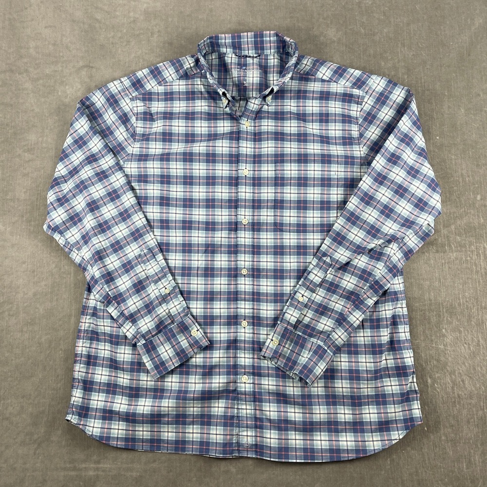 Vineyard Vines Mens XL Blue Pink Plaid On-The-Go Performance Button Down Shirt